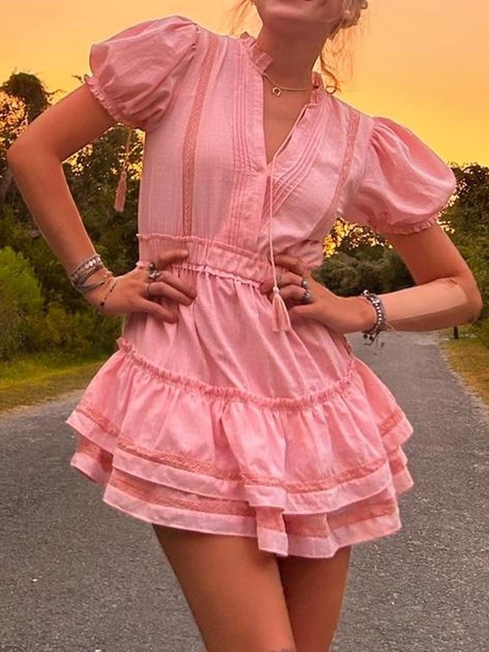 Pink Ruffle Tiered Romantic Mini Dress with Puff Sleeves Size Small - Picture 1 of 7